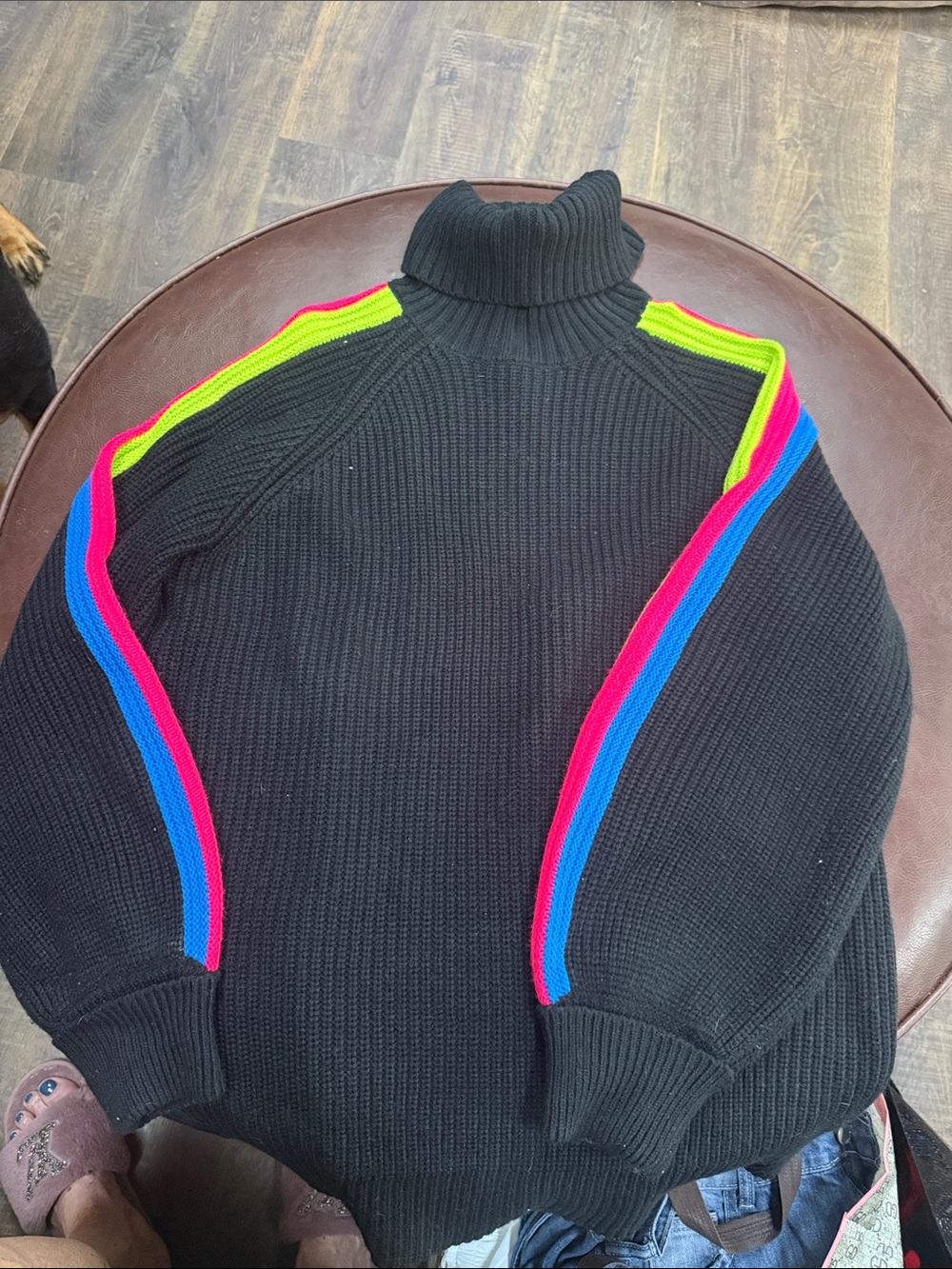 Black Turtleneck Sweater with Neon Pink, Blue & Yellow Stripe Detail